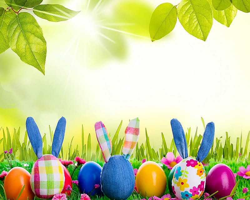 Cute Easter, bunnies, eggs, flowers, spring, HD wallpaper