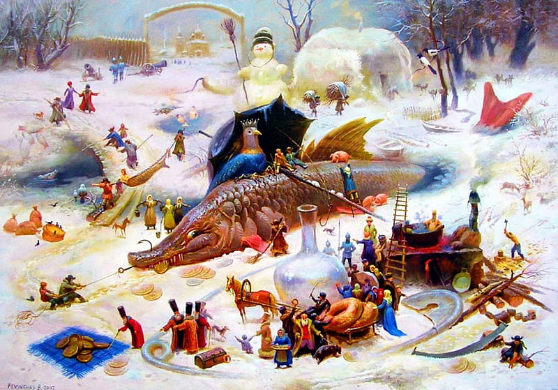 Lilliput, snow, fish, people, small, artwork, winter, HD wallpaper