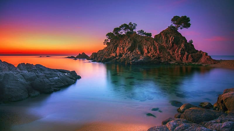 Sunrise At The Costa Brava, Catalonia, Spain, trees, water, rocks, reflections, colors, sky, HD wallpaper