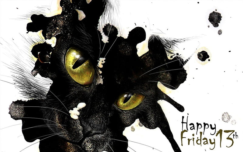 Happy Friday 13th, friday, green eyes, 13, black, white, cat, animal, HD wallpaper