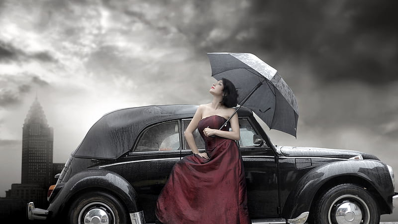 Let it Rain !, red dress, gray, vintage car, waiting, black, umbrella, dark clouds, lady, HD wallpaper
