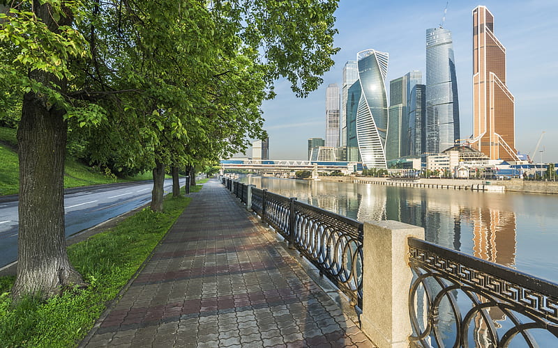 Moscow City, skyscrapers, business centers, Moscow River, summer, modern architecture, Moscow, Russia, HD wallpaper