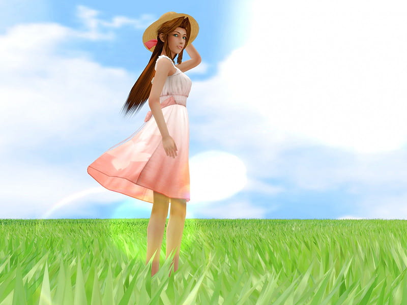 Aerith Gainsborough, pretty, grass, game, sweet, nice, anime, beauty, final fantasy, long hair, lovely, gown, sky, cap, field, maiden, scenic, dress, divine, video game, bonito, sublime, elegant, Aerith, scenery, gorgeous, female, cloud, brown hair, hat, girl, lady, scene, HD wallpaper