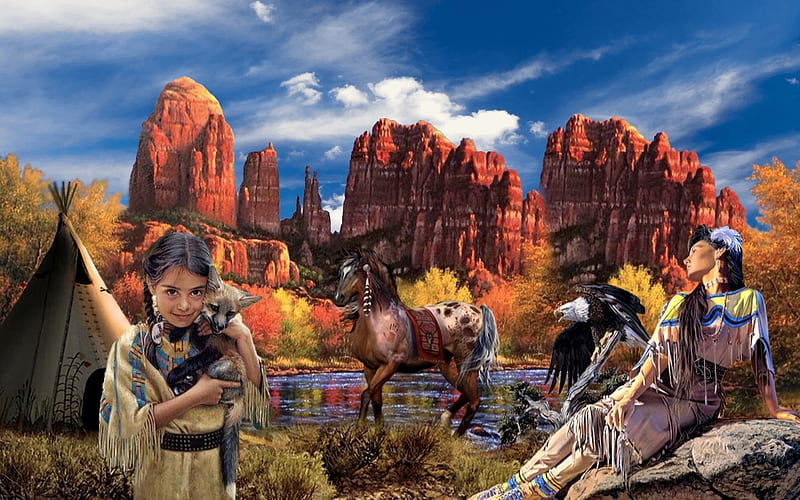 The Indigenous Way of Life, horse, canyons, native woman, Nature, teepee, eagle, serene, native child, natives, peaceful, Autumn, HD wallpaper