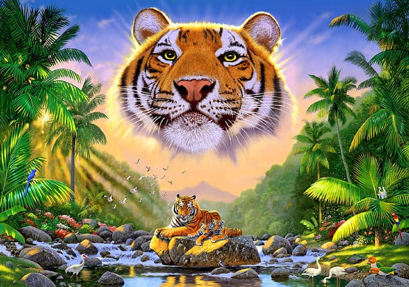 ★Majestic Tiger★, family, rocks, lovely, tigers, colors, love four seasons, birds, bonito, butterflies, attractions in dreams, trees, big wild cats, summer, jungle, wildlife, animals, HD wallpaper