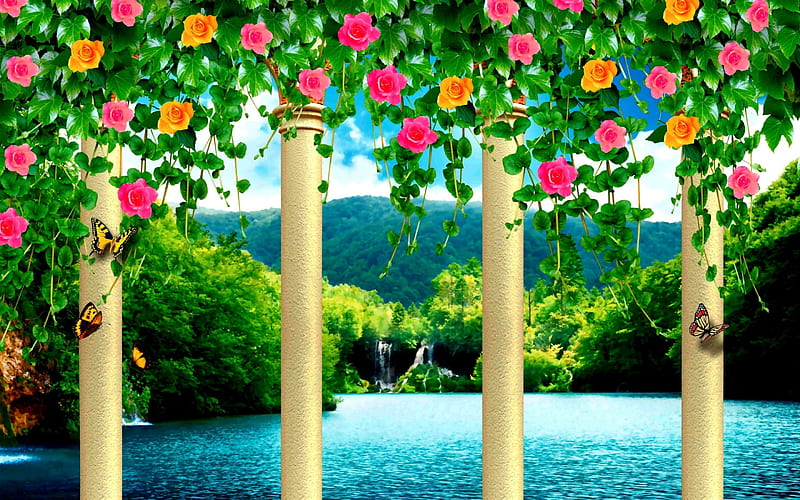 Forest Paradise, forest, columns, pillers, butterflies, roses, trees, lake, waterfalls, mountain, water, paradise, vines, HD wallpaper