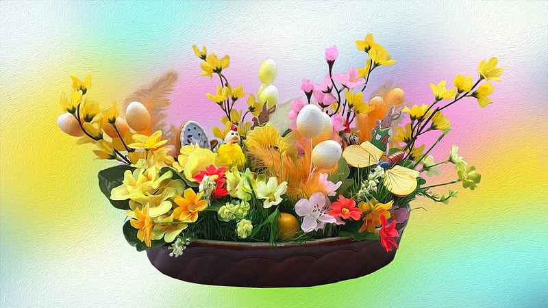 Easter Eggs ~ Spring Flowers, colorful, Easter eggs, grass, roosters, still life, Easter, butterfly, eggs, rabbits, flowers, Spring, bunnies, feathers, HD wallpaper