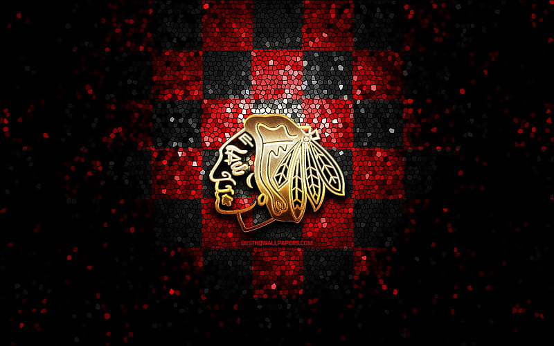 Chicago Blackhawks, glitter logo, NHL, red black checkered background, USA, american hockey team, Chicago Blackhawks logo, mosaic art, hockey, America, HD wallpaper