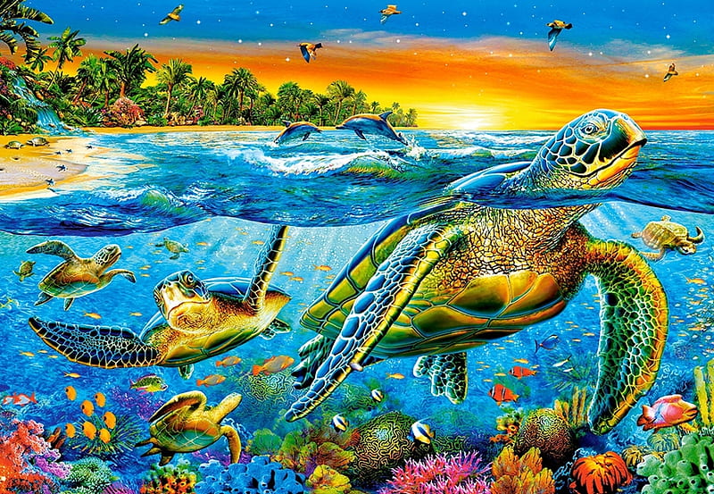 Underwater Turtles, painting, colors, sunset, sky, artwork, sea, palms, HD wallpaper