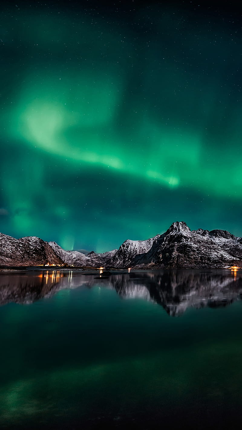 Lofoten island, aurora, green, lake, mountains, night, north, northern lights, reflection, HD phone wallpaper