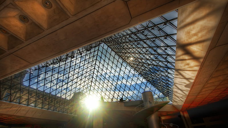 beneath the louvre pyramid r, museum, glass, sun, pyramid, r, under, HD wallpaper