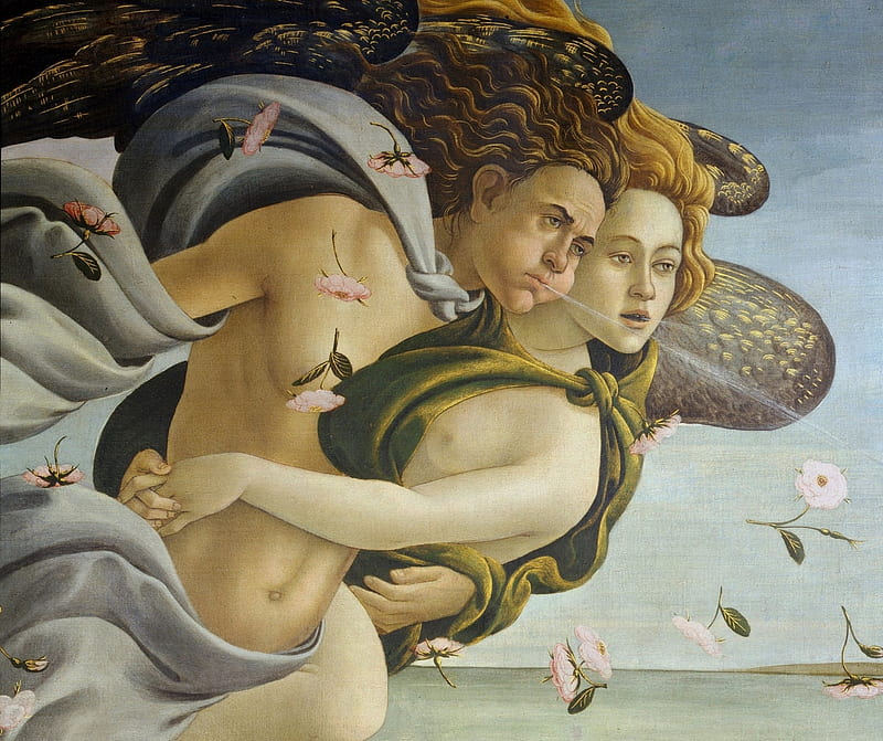 The Birth of Venus (detail) ~ Zephyr and Chloris, the birth of venus, chloris, detail, wind, painting, zephyr, couple, art, flower, sandro botticelli, HD wallpaper