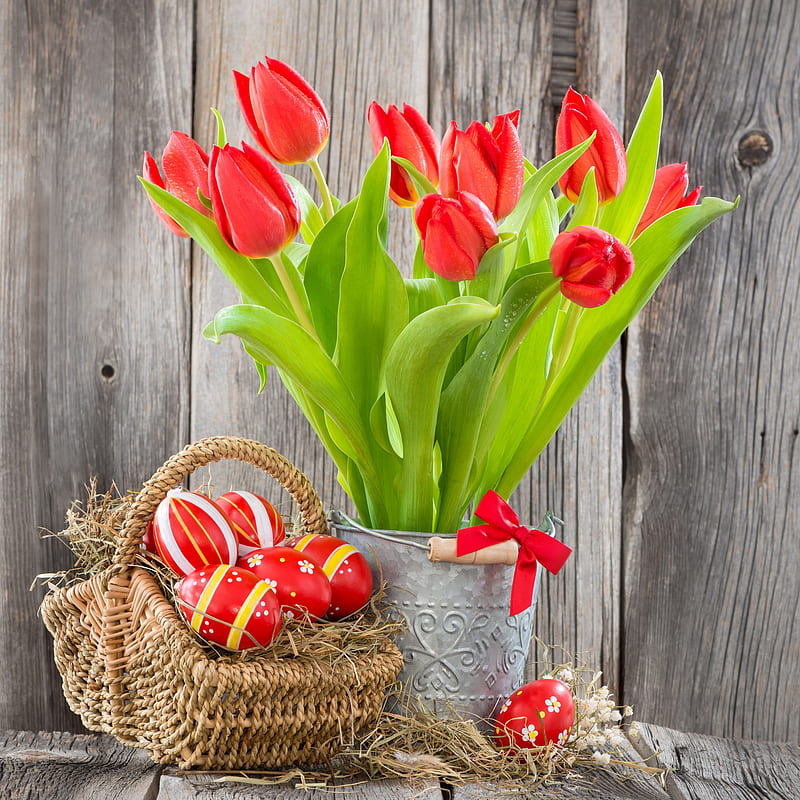 Easter Decoration, basket, decor, eggs, flowers, red, tulips, HD phone wallpaper