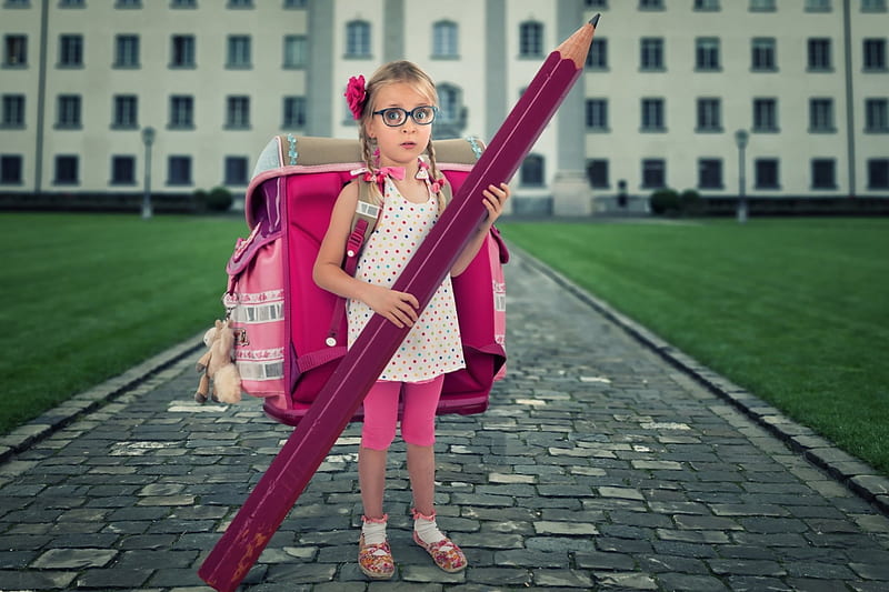 Her first day at school, john wilhelm, little, fetita, glasses, blonde, creative, situation, first day of school, fantasy, girl, pencil, copil, child, funny, milla, pink, HD wallpaper