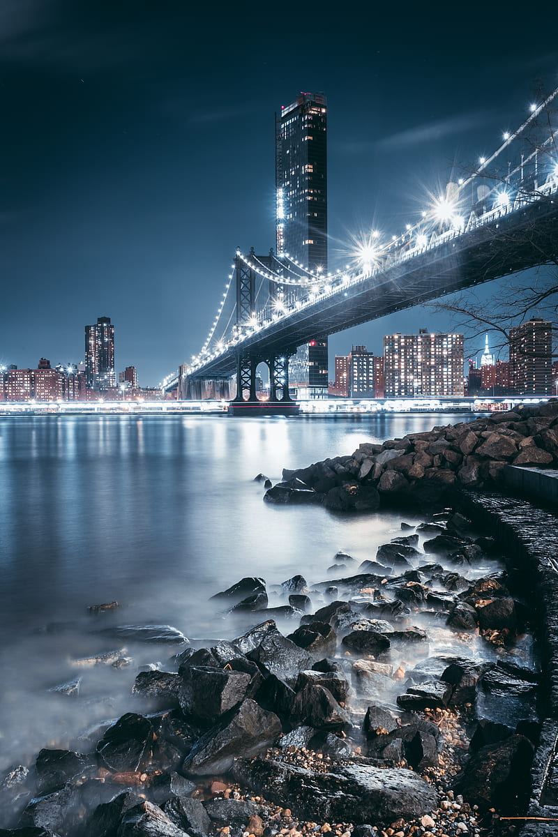 bridge, night city, coast, city lights, stones, HD phone wallpaper