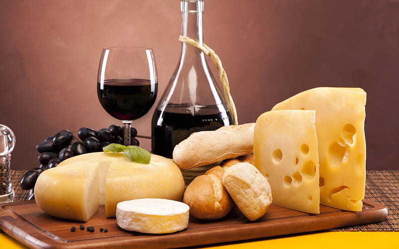 Cheese And Wine, Cheese, Wine, Bread, grapy, HD wallpaper