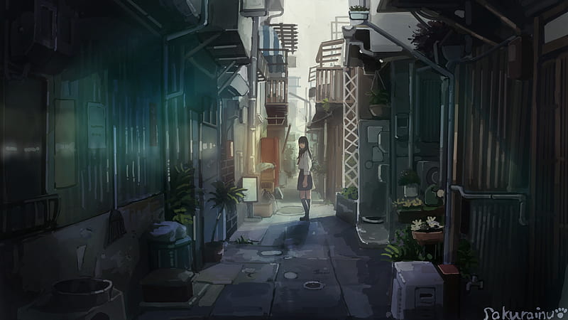 anime school girl, buildings, street, alley, school uniform, Anime, HD wallpaper