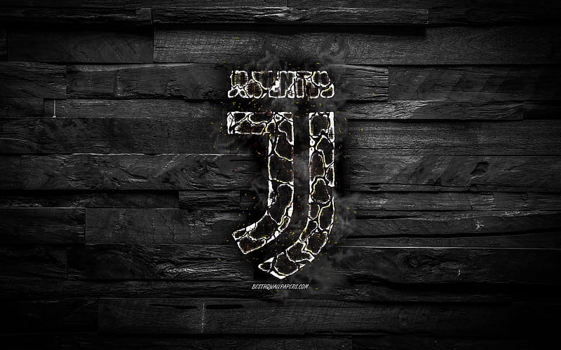 Juventus FC, fiery logo, Serie A, black wooden background, italian football club, grunge, Juventus, football, soccer, Juventus logo, fire texture, Italy, HD wallpaper