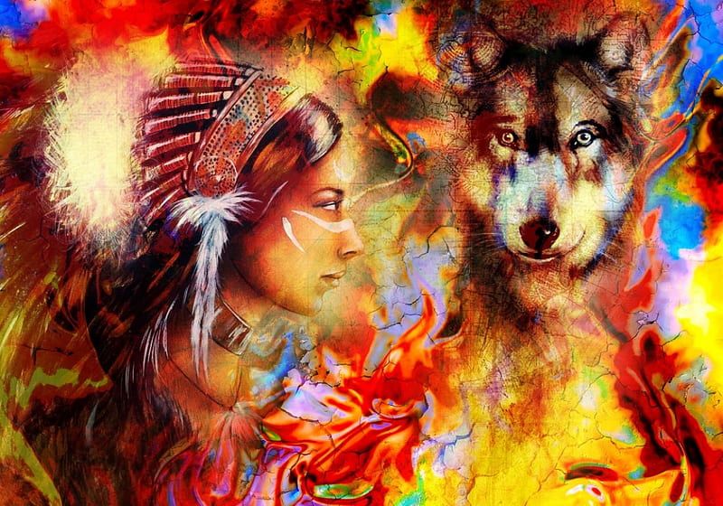 Native American, colors, digital, wolf, girl, HD wallpaper