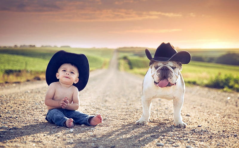 Young Buck-a-roo and His Buddy, Dog, Cowboy, Sunset, Road, HD wallpaper