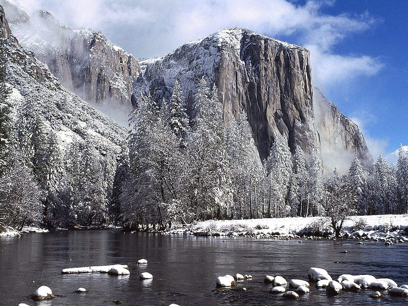 el capitain in winter, snow, mountains, el-capitain, hot, nature, reflections, lake, HD wallpaper