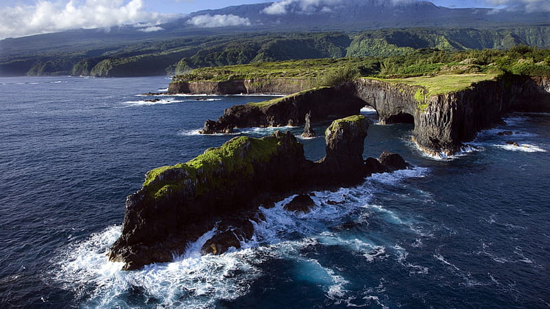 superb rocky seacoast in maui hawaii, rocks, grass, mountains, coast, sea, HD wallpaper