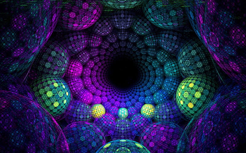 tunnel, 3D spheres, mosaic art, spiral, abstract vortex, 3D art, vortex, fractals, psychedelic art, HD wallpaper
