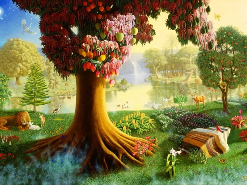Peaceful Paradise Tree, pears, apples, birds, artwork, lion, oranges, deer, HD wallpaper