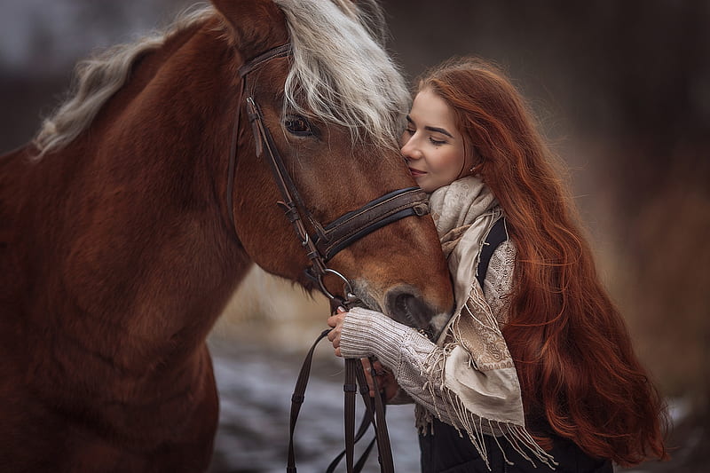 Beauty, cal, hug, girl, model, poney, horse, woman, animal, HD wallpaper