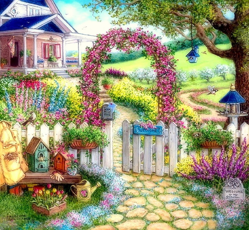 ★Sweet-Home-Sweet★, architecture, pretty, lovely, houses, colors, love four seasons, home, bonito, spring, attractions in dreams, creative pre-made, sweet, paintings, decorations, flowers, lovely flowers, HD wallpaper