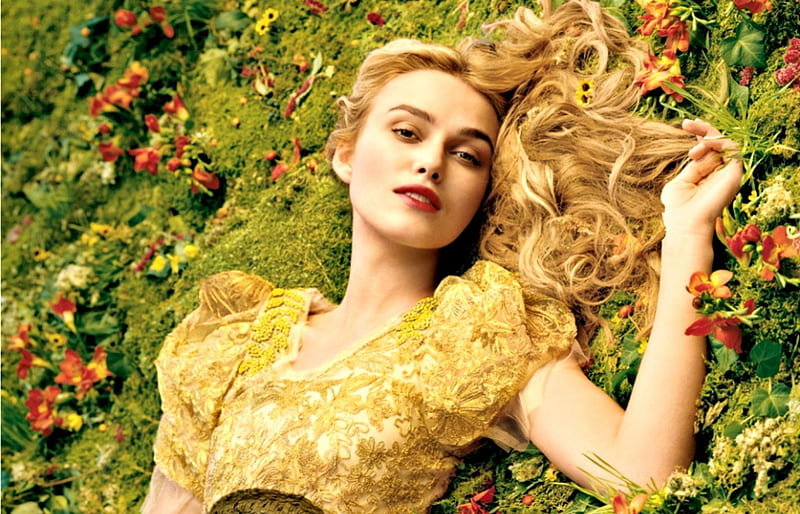 Keira Knightley, vogue, dress, grass, yellow, blonde, woman, girl, green, actress, flower, beauty, field, HD wallpaper