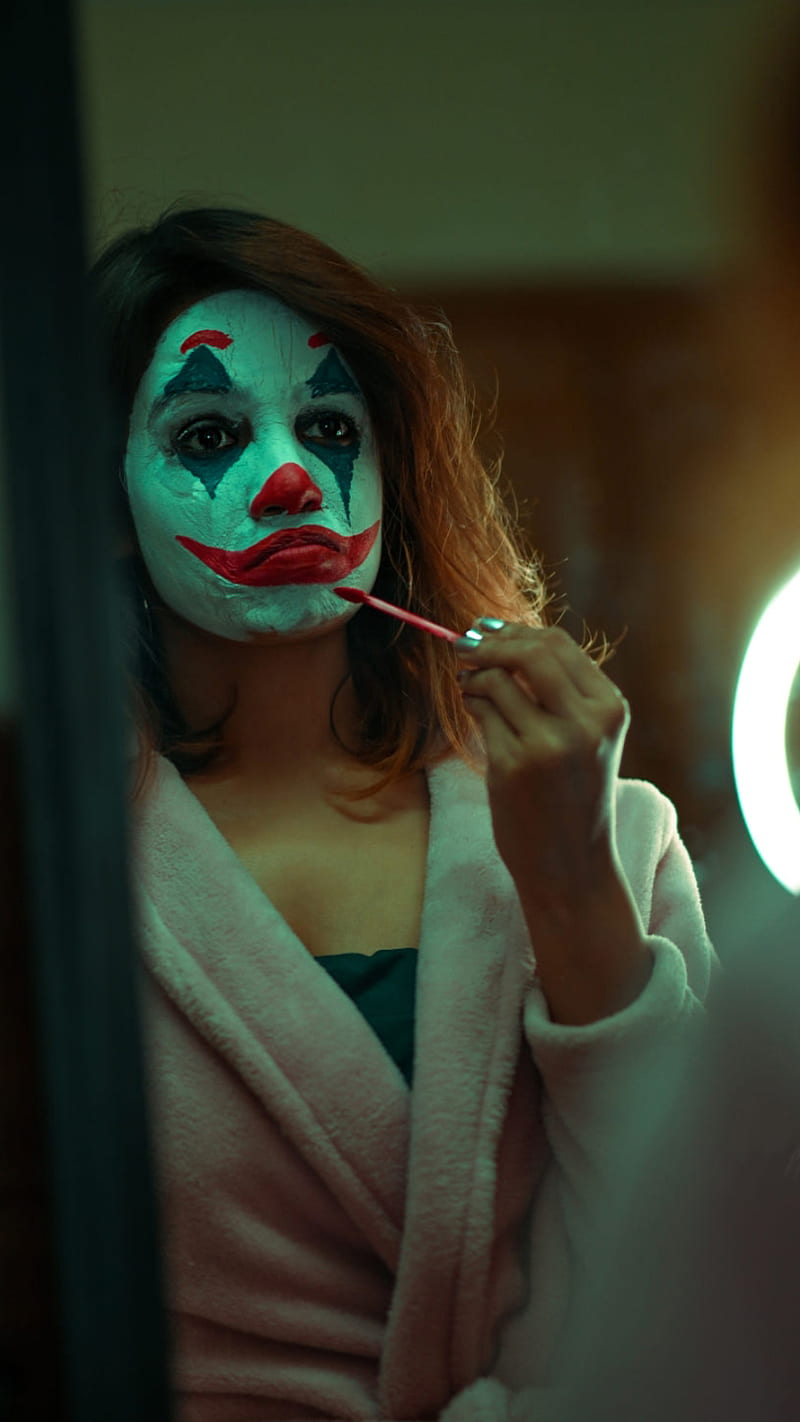 Making Joker, female, girl, joker, makeup, mask, mirror, red hair, HD phone wallpaper