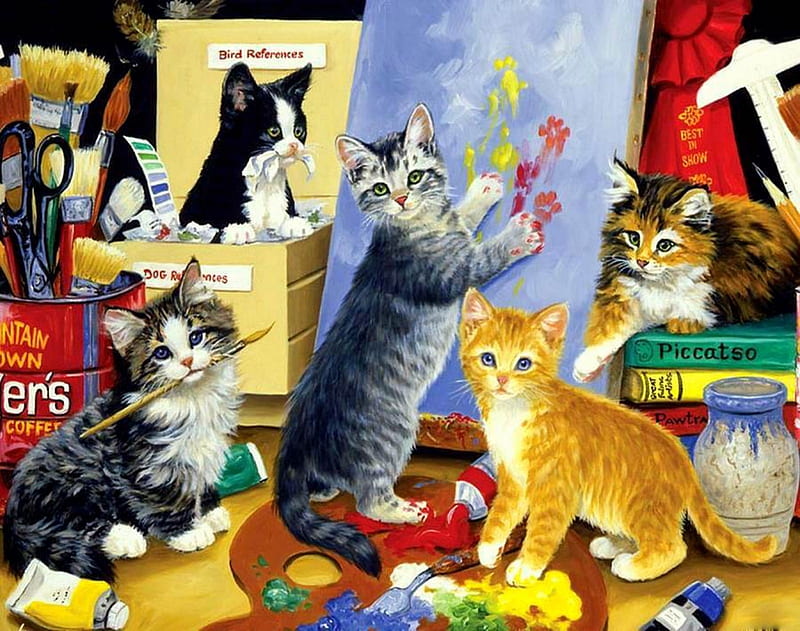 Artistic Felines, felines, books, paint, paintbrushes, kitties, canvas, cats, HD wallpaper