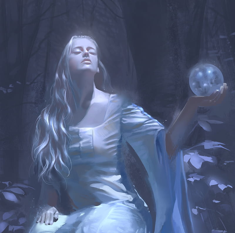 Moon goddess, moon, goddess, hand, white, blue, art, luminos, mars foong, moon, fantasy, girl, HD wallpaper