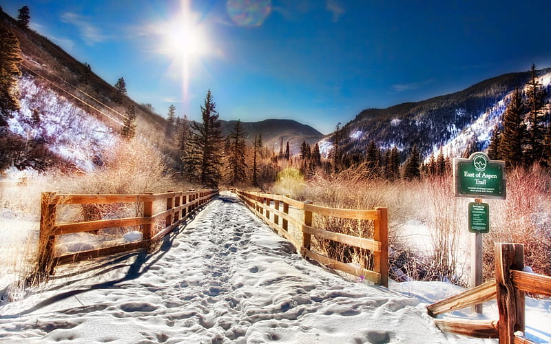 End of Aspen Trail, Indiana, USA, fence, sun, snow, mountains, trees, sky, winter, landscape, HD wallpaper