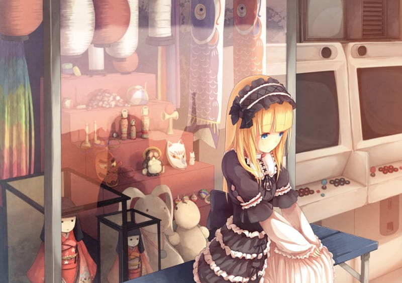 Lonely Maiden, Anime, Sad, bonito, Alone, Sweet, Shop, Window, Waiting, Ribbon, Blonde, Girl, Dolls, Lovely, Headband, Wonderful, Lonely, Brown Clothes, Maiden, Cute, HD wallpaper
