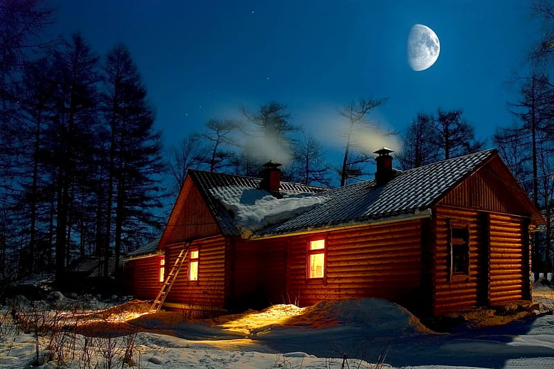 Winter log cabin, house, cottage, cabin, bonito, log, moon, half, evening, smoke, night, lovely, sky, trees, winter, snow, moonlight, wooden, HD wallpaper
