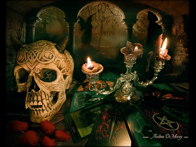 Skull, candles and Tarot, goth, fantasy, abstract, esoteric, HD wallpaper