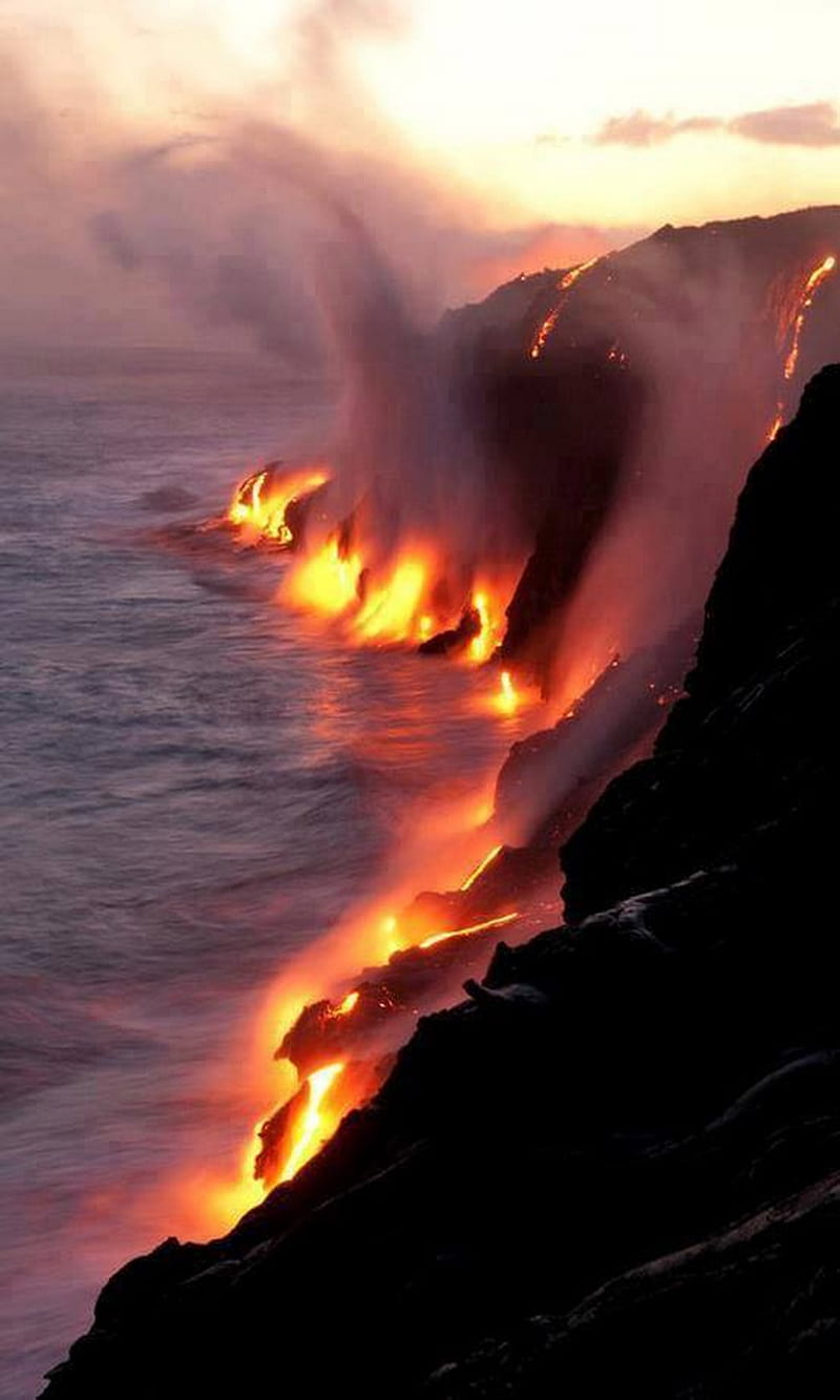 Lava Flows, flows, hawaii, lava, ocean, rocks, sea, HD phone wallpaper