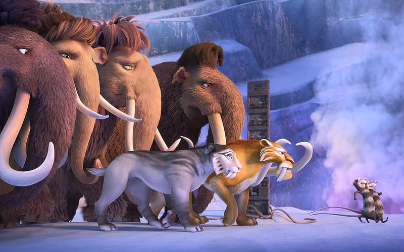 a collision is imminent, mammoth, ice age, tiger, cartoon, collision course, 2016, buck, gretie, HD wallpaper