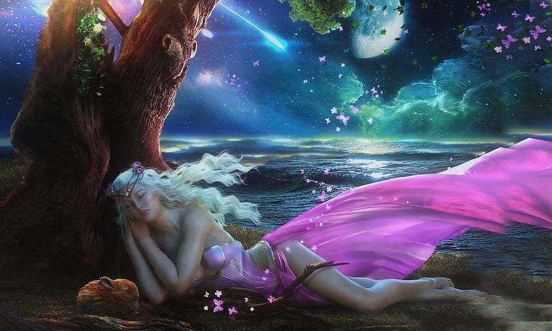 Ahiah Sleep in Paradise of Night, Sky, fantasy girl, Tree, Fantasy, sleeping, softness, Butterflies, moon, water, enchanting, HD wallpaper