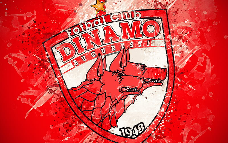 FC Dinamo Bucuresti paint art, logo, creative, Romanian football team, Liga 1, emblem, red background, grunge style, Bucharest, Romania, football, HD wallpaper