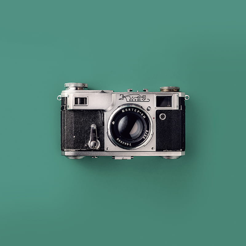 silver SLR camera on teal background, HD phone wallpaper