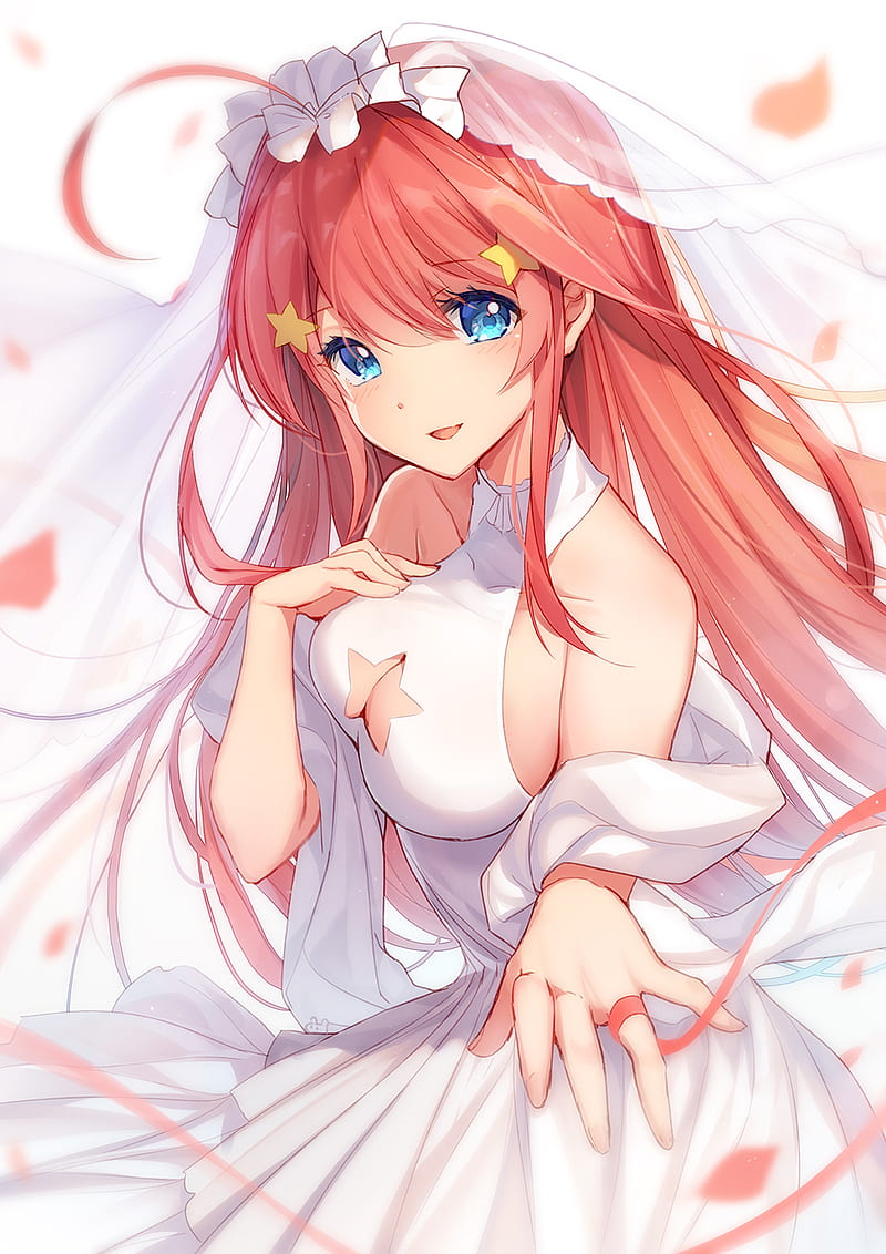 5-toubun no Hanayome, redhead, blue eyes, wedding dress, long hair, blush, looking at viewer, Nakano Itsuki, anime, HD phone wallpaper