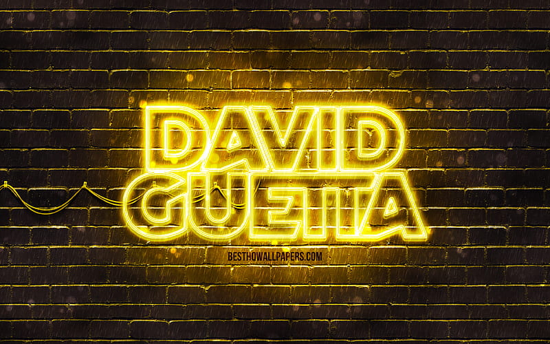 David Guetta yellow logo superstars, french DJs, yellow brickwall, David Guetta logo, Pierre David Guetta, David Guetta, music stars, David Guetta neon logo, HD wallpaper
