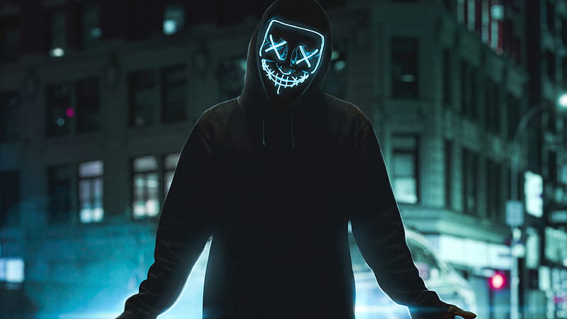 Neon Mask Guy Street , hoodie, anonymus, mask, artist, artwork, digital-art, HD wallpaper