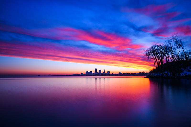 united states, cleveland, ohio, sunset, clouds, cityscape, water, twilight, City, HD wallpaper