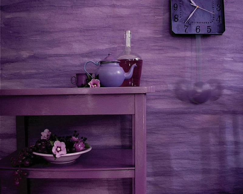 STILL LIFE IN VIOLET, teapot, wall clock, bottle, flowers, plate, cup, sideboard, HD wallpaper