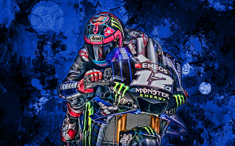 Maverick Vinales, blue paint splashes, MotoGP, 2019 bikes, Yamaha YZR-M1, grunge art, racing bikes, Monster Energy Yamaha MotoGP, Yamaha, Maverick Vinales Ruiz, HD wallpaper