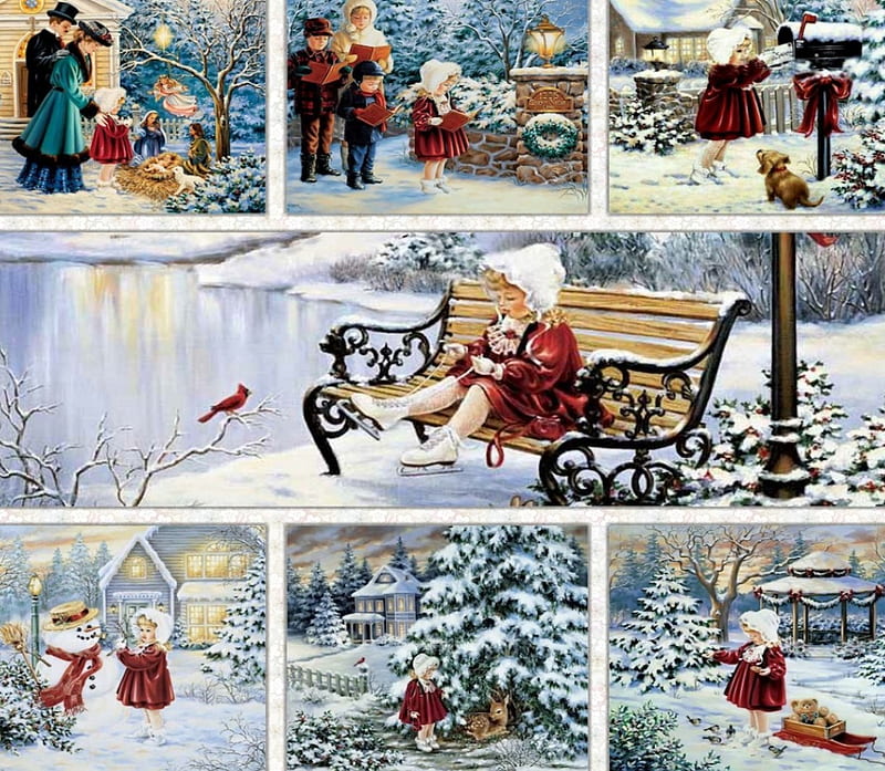 A Winters Day, nativity, red, christmas, church, snowman, sled, tree, snow, child, carols, skating, HD wallpaper